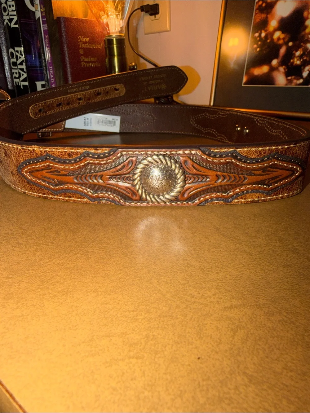 Ariat Brown Tooled Leather Belt with Engraved Silver Buckle